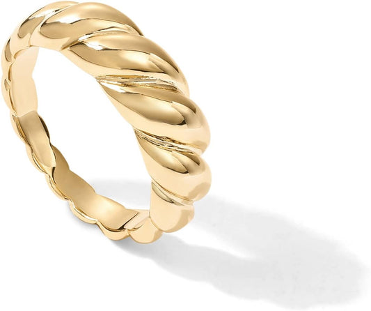 14K Gold Plated Croissant Dome Rings for Women - Trendy Twisted Braided Band - Chunky Signet Stackable Ring Stetement Jewelry