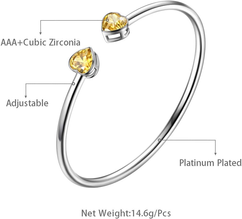 Birthstone Double Heart Adjustable Bracelets Silver Plated Birth Stone Open Bracelets Birthday Gifts Jewelry for and Women KB0018
