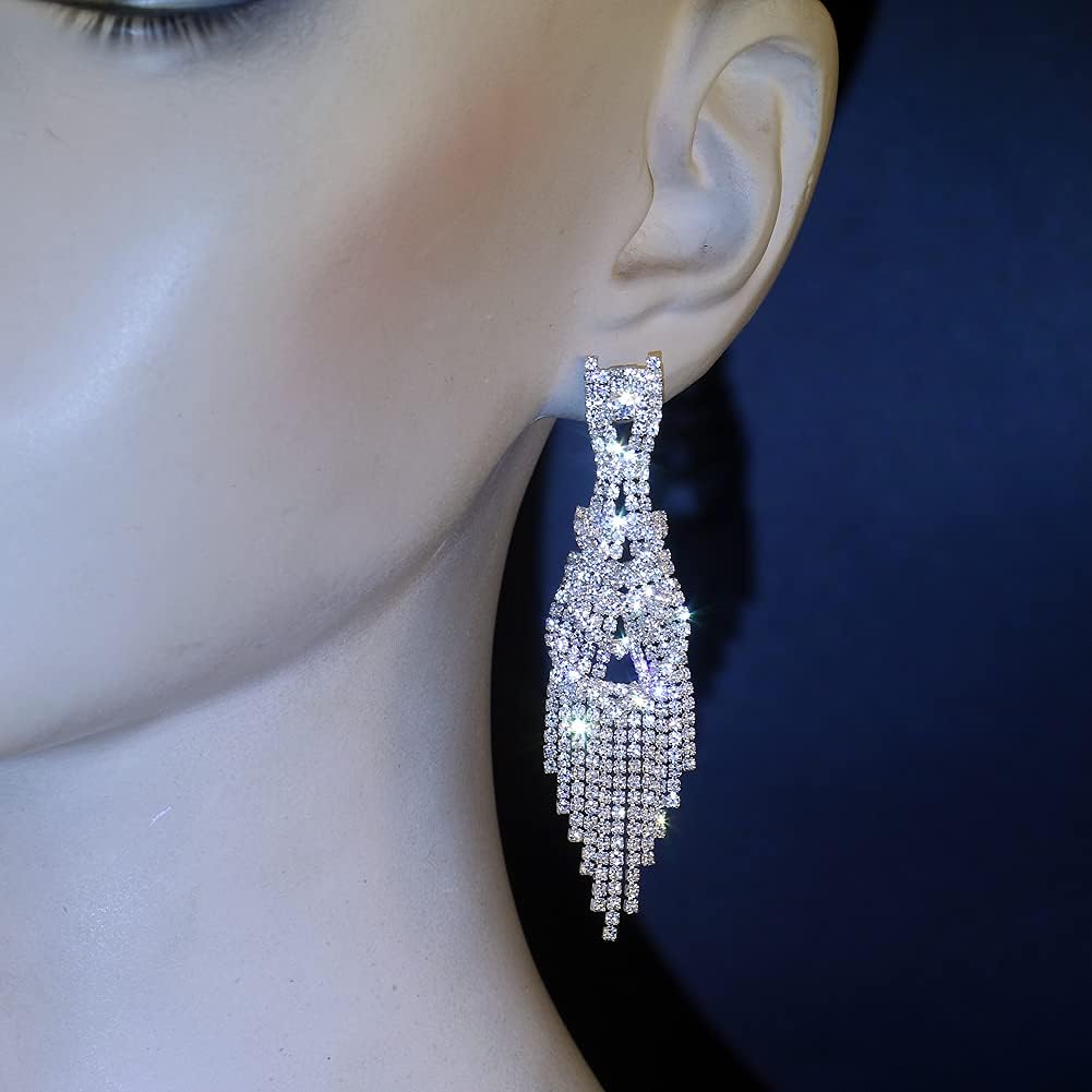 Silver Teardrop Crystal Long Tassels Dangle Earrings Sparkling Rhinestone Ladies Gifts