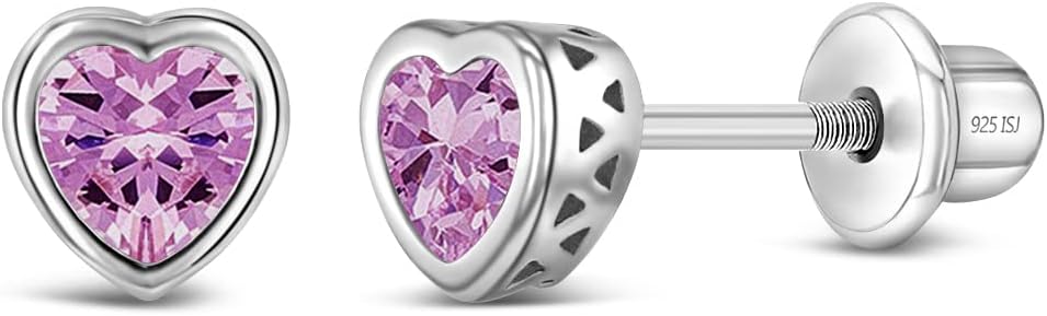 925 Sterling Silver 5Mm Girls CZ Heart Earrings Simulated Birthstone Bezel with Screw Back Stud Baby Earrings - Safety Screw Back for Toddlers - Quality Heart Cubic Zirconia Earrings for Kids