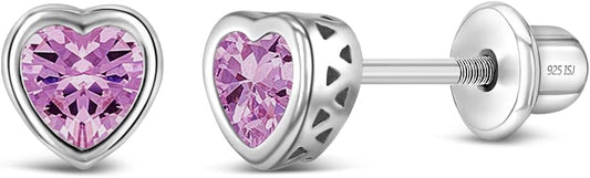 925 Sterling Silver 5Mm Girls CZ Heart Earrings Simulated Birthstone Bezel with Screw Back Stud Baby Earrings - Safety Screw Back for Toddlers - Quality Heart Cubic Zirconia Earrings for Kids