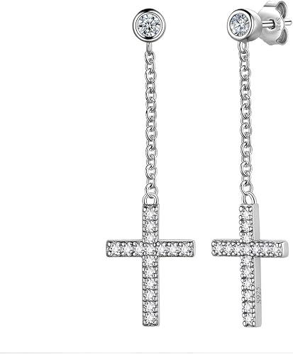 Mens Small Cross Earrings,925 Sterling Silver Earrings Dangle for Men Women,Crystal Drop Cross Hoop Earrings Fashion Earrings Jewelry