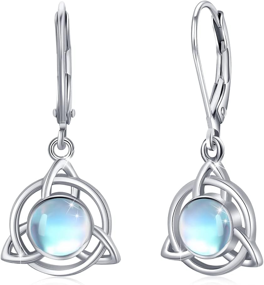 Celtic Earrings 925 Sterling Silver Moonstone/Turquoise Earrings Celtic Knot Leverback Earring Moonstone Celtic Jewelry for Girls Womens