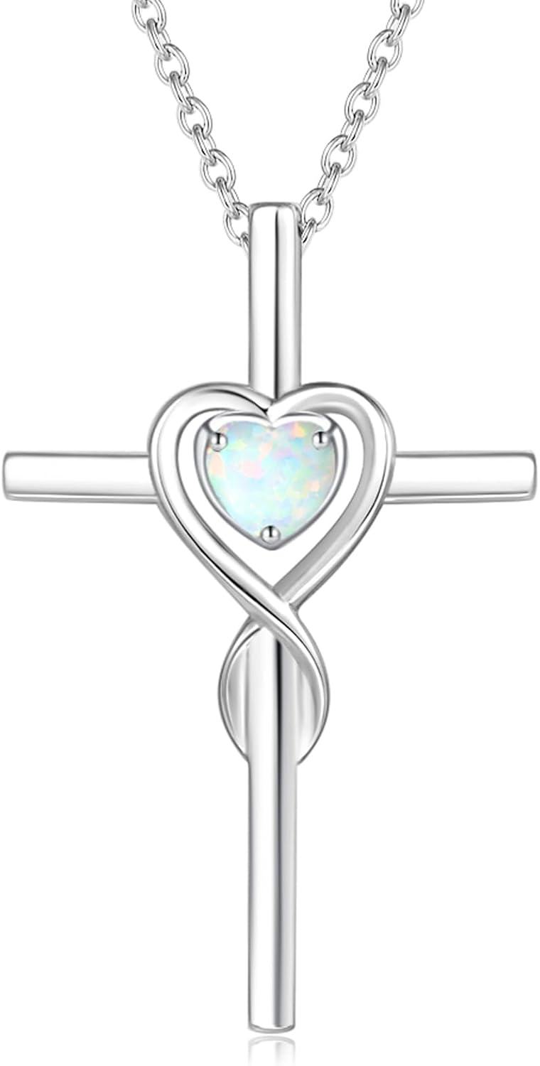 Birthstone Cross Necklace for Women Birthstone Necklace Heart Infinity Cross Pendant Necklace Fine Jewelry Christmas Birthday Holiday Gifts for Her, 16"+2" Inches