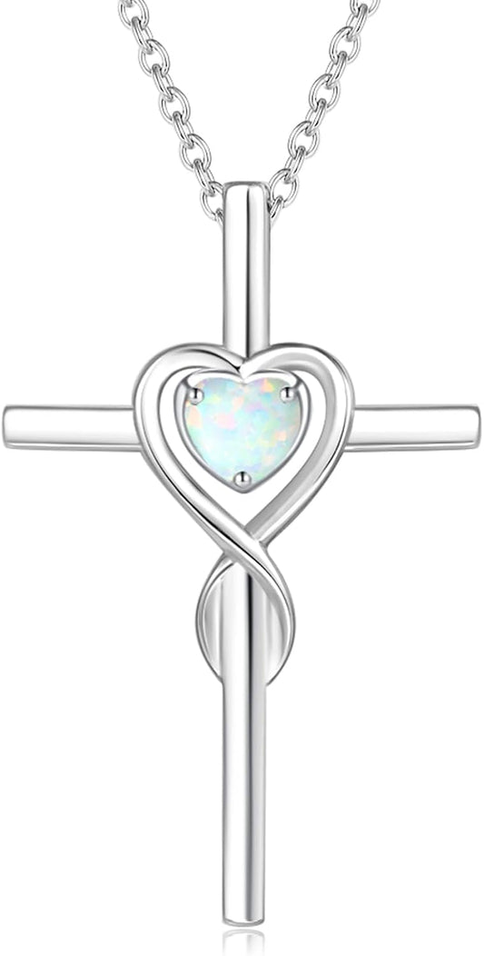 Birthstone Cross Necklace for Women Birthstone Necklace Heart Infinity Cross Pendant Necklace Fine Jewelry Christmas Birthday Holiday Gifts for Her, 16"+2" Inches