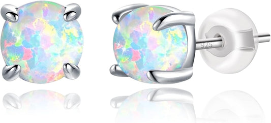 Hypoallergenic Earrings for Women: 925 Sterling Silver Rainbow Moonstone/Opal/Turquoise Screw Back Stud Earrings for Sensitive Ears Small round Earrings Christmas Mother Day Jewelry Gifts (5Mm/7Mm)
