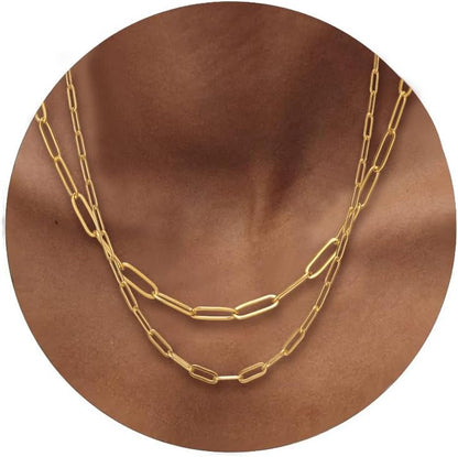 18K Gold Paperclip Chain Link Necklace Dainty Paperclip Link Chain Layered Necklace Oval Link Chains Necklaces Set for Women Girls