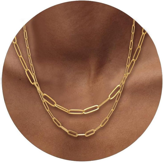 18K Gold Paperclip Chain Link Necklace Dainty Paperclip Link Chain Layered Necklace Oval Link Chains Necklaces Set for Women Girls