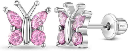 925 Sterling Silver Cubic Zirconia Butterfly Screw Back Earrings for Little Girls & Teens - Eye-Catching and Fashionable Safety Stud Earrings - Sparkly and Elegant Jewelry for Girls