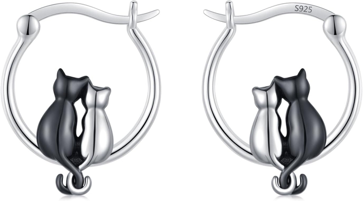 925 Sterling Silver Double Cat Huggie Hoop Earrings