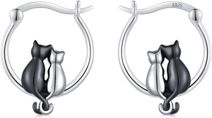 925 Sterling Silver Double Cat Huggie Hoop Earrings