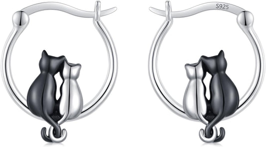 925 Sterling Silver Double Cat Huggie Hoop Earrings