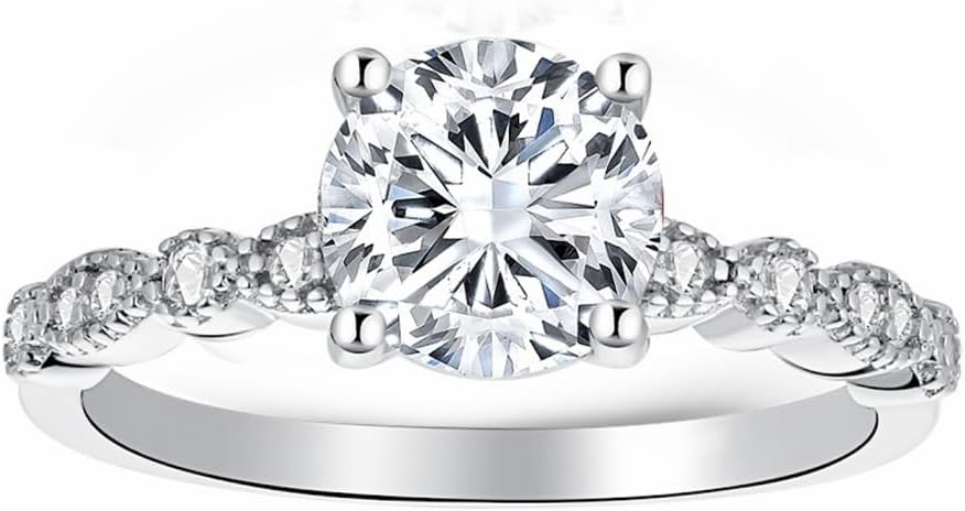 1-1/5 Carat (Ctw) Classic round Engagement Rings for Women Platinum Plated Silver Moissanite Engagement Ring Anniversary Promise Ring