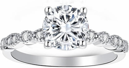 1-1/5 Carat (Ctw) Classic round Engagement Rings for Women Platinum Plated Silver Moissanite Engagement Ring Anniversary Promise Ring