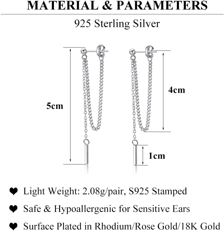 Solid 925 Sterling Silver Bar Dangle Earrings for Women Minimalist Dangle Earrings Threader Chain