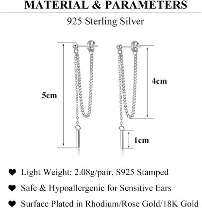 Solid 925 Sterling Silver Bar Dangle Earrings for Women Minimalist Dangle Earrings Threader Chain