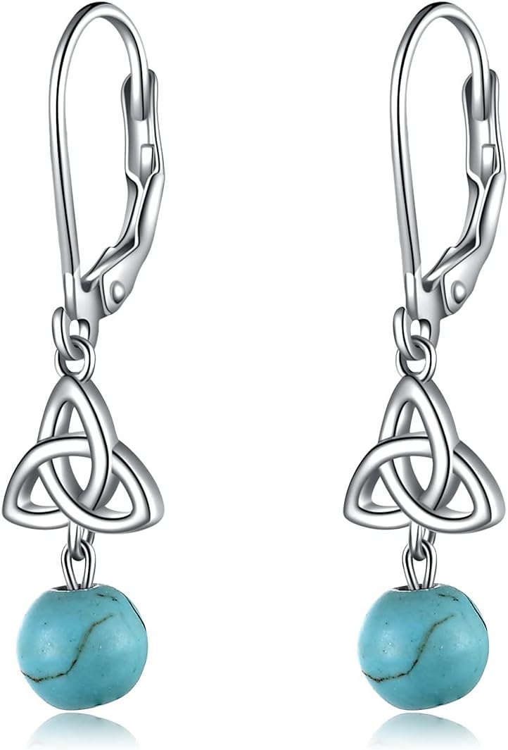 Celtic Turquoise Earrings Sterling Silver Triquetra Celtic Knot Turquoise Dangle Drop Leverback Earring for Women Jewelry