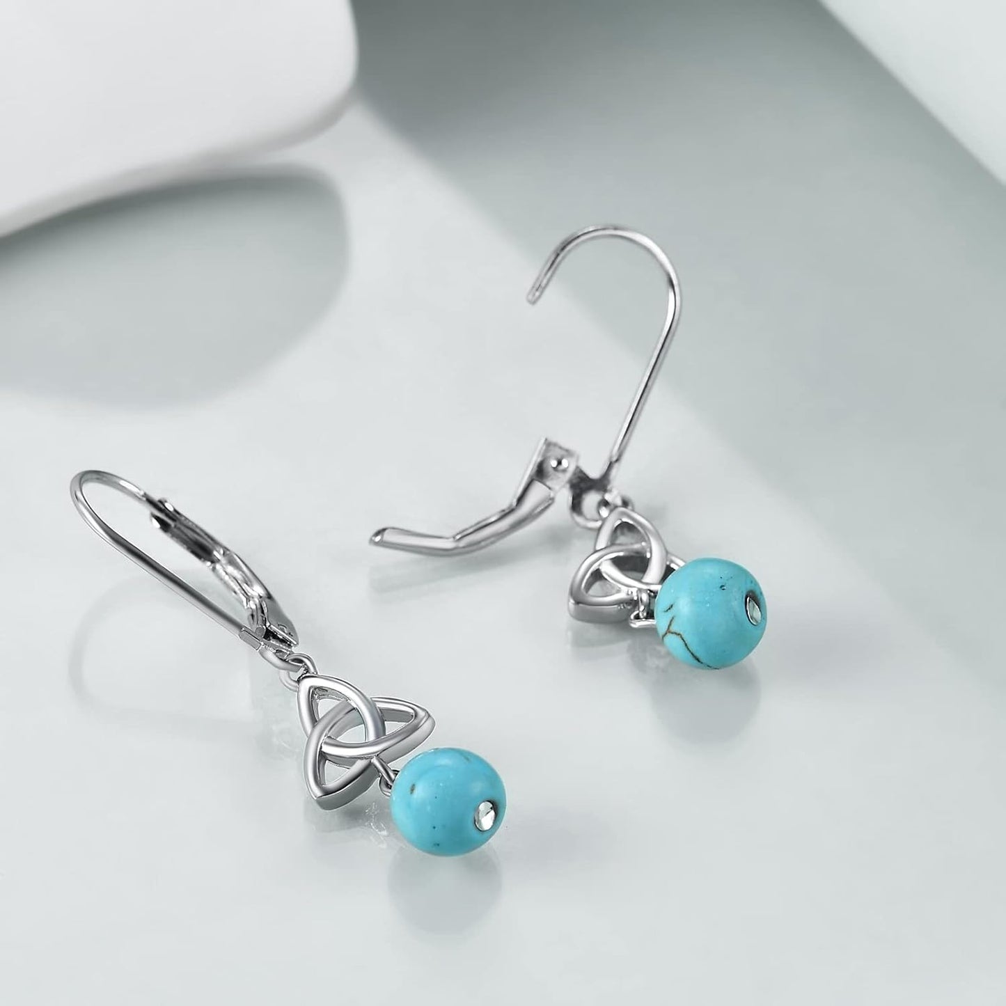 Celtic Turquoise Earrings Sterling Silver Triquetra Celtic Knot Turquoise Dangle Drop Leverback Earring for Women Jewelry