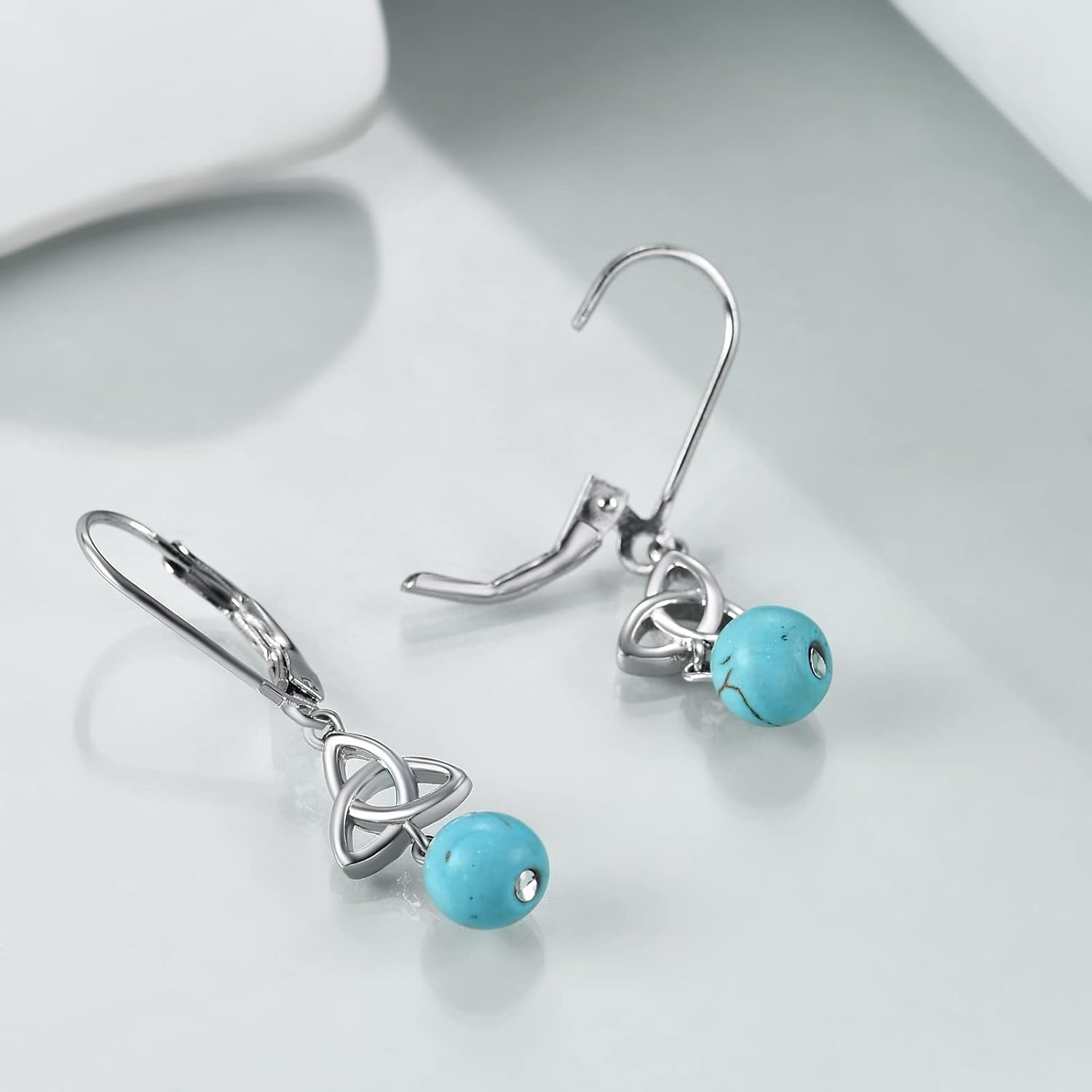 Celtic Turquoise Earrings Sterling Silver Triquetra Celtic Knot Turquoise Dangle Drop Leverback Earring for Women Jewelry