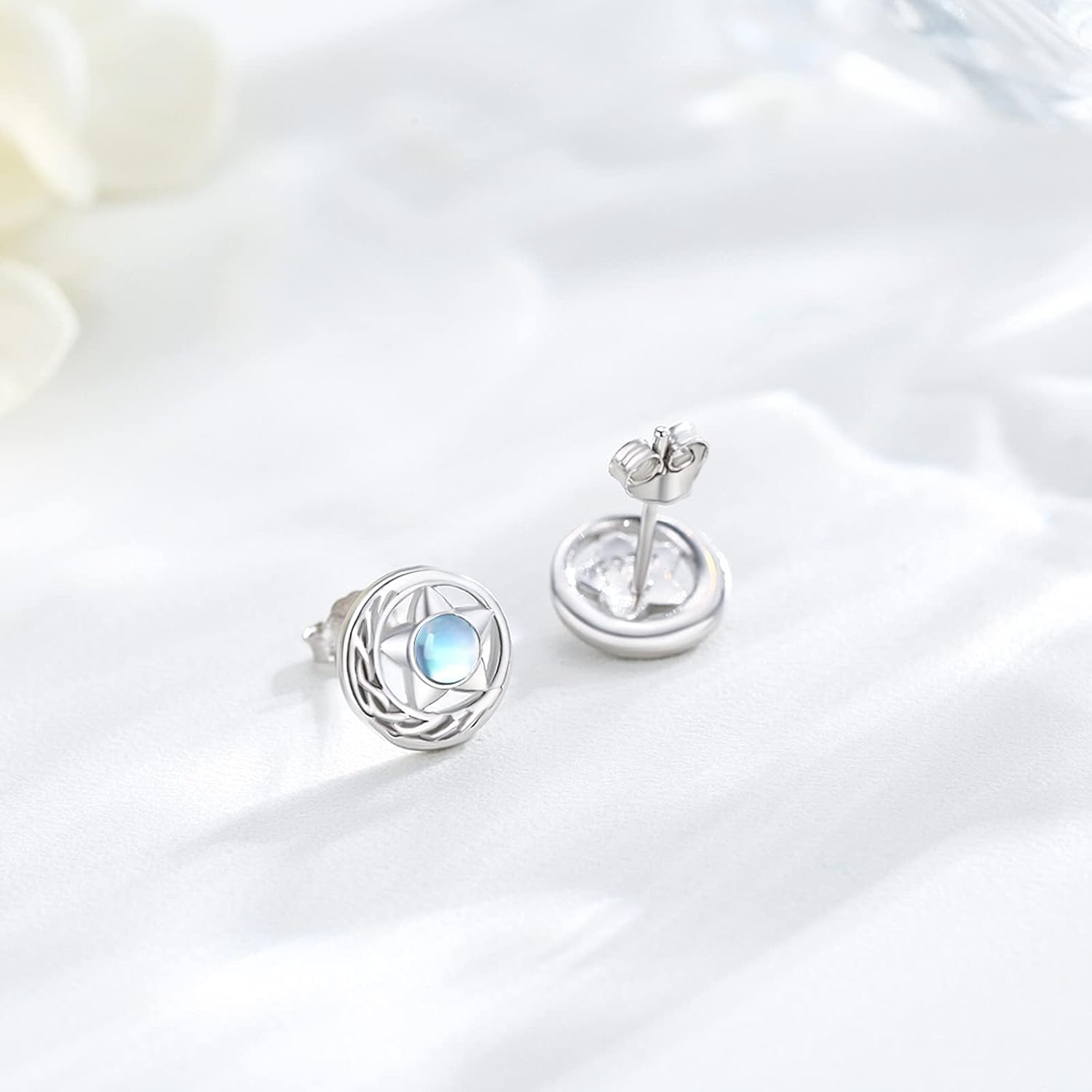 Moonstone Stud Earrings Sterling Silver Rainbow Moonstone Hypoallergenic Earrings Tiny Lightweight Piercing Stud Jewelry for Women Friend with Gifts Box