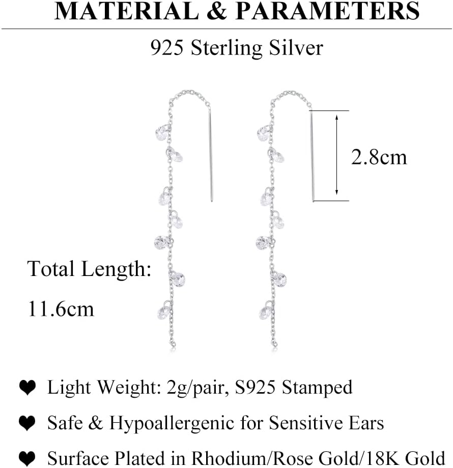925 Sterling Silver Sparkling CZ Droplet Dangle Earrings for Women Teens Elegant Wedding Dangling Earrings Threader Tassel