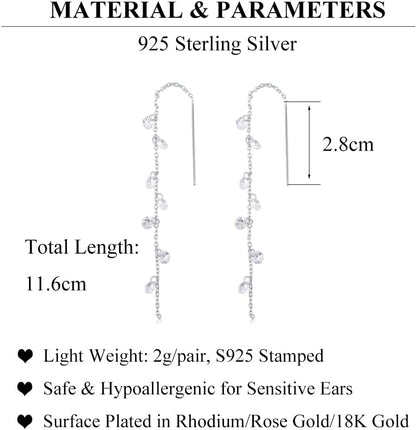 925 Sterling Silver Sparkling CZ Droplet Dangle Earrings for Women Teens Elegant Wedding Dangling Earrings Threader Tassel