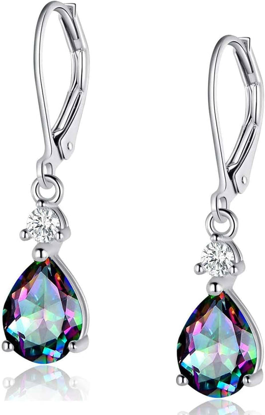 925 Sterling Silver Blue Topaz/Amethyst/Rainbow Quartz CZ Teardrop Leverback Earrings Drop Dangly Gemstone Earings Hypoallergenic Birthday Jewelry Gifts for Women