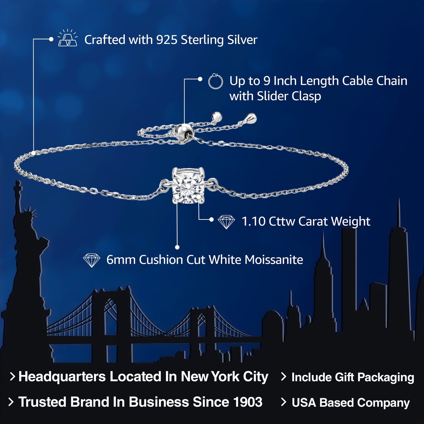 925 Sterling Silver White Moissanite Solitaire Bracelet for Women (1.10 Cttw, Cushion Cut 6MM, Fully Adjustable up to 9 Inch)