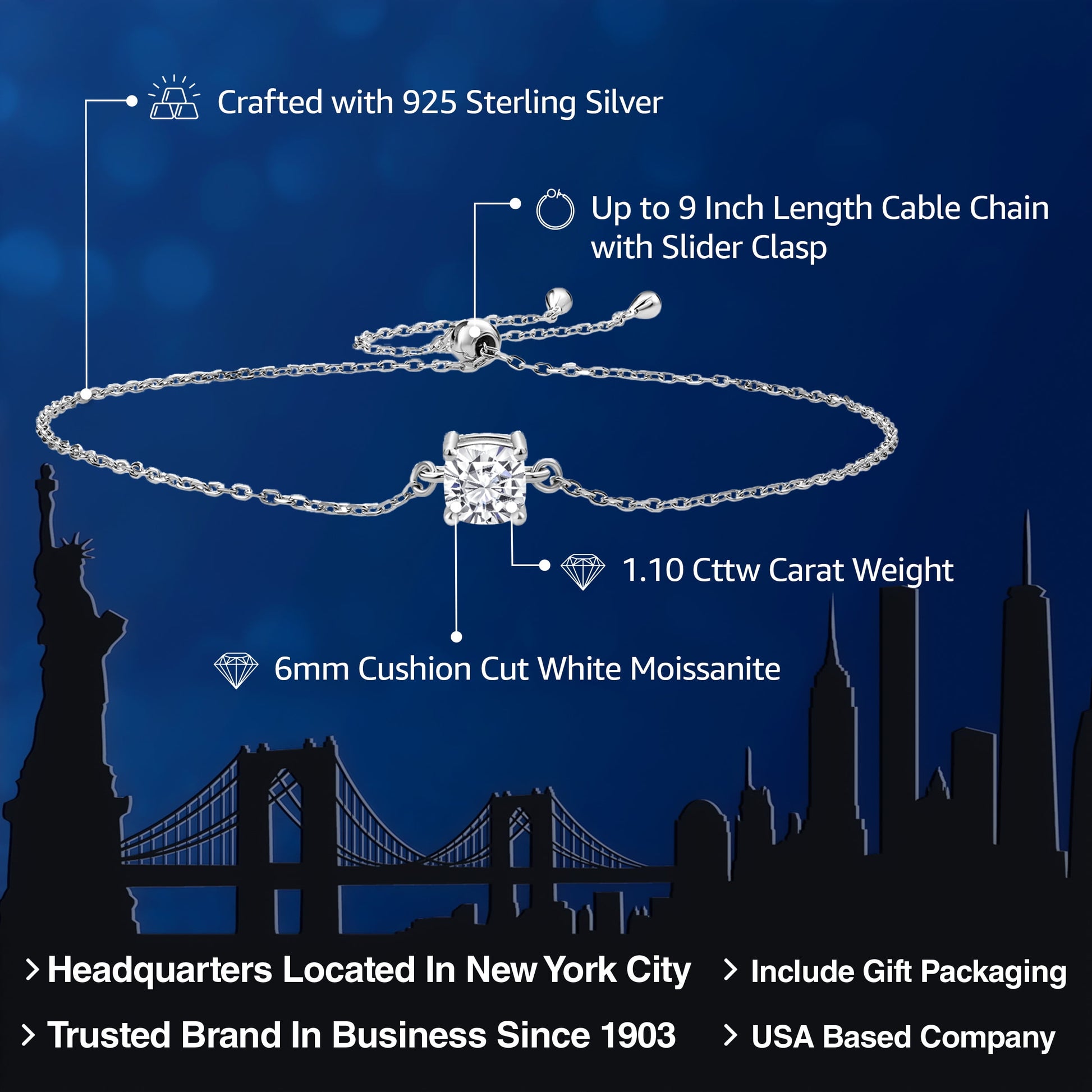 925 Sterling Silver White Moissanite Solitaire Bracelet for Women (1.10 Cttw, Cushion Cut 6MM, Fully Adjustable up to 9 Inch)