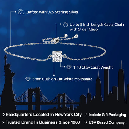 925 Sterling Silver White Moissanite Solitaire Bracelet for Women (1.10 Cttw, Cushion Cut 6MM, Fully Adjustable up to 9 Inch)