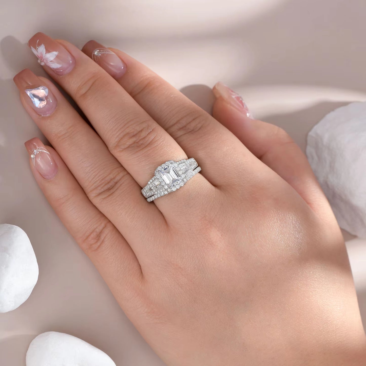 2Pcs Wedding Rings for Women 925 Sterling Silver Halo AAAAA Cubic Zircon Emerald Cut Engagement Ring Bridal Set