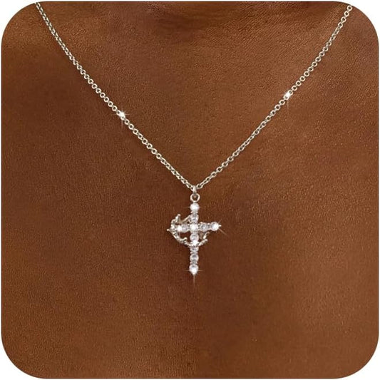 Crown Cross Necklace - Dainty Sterling Silver/14K Gold Cubic Zirconia Pendant