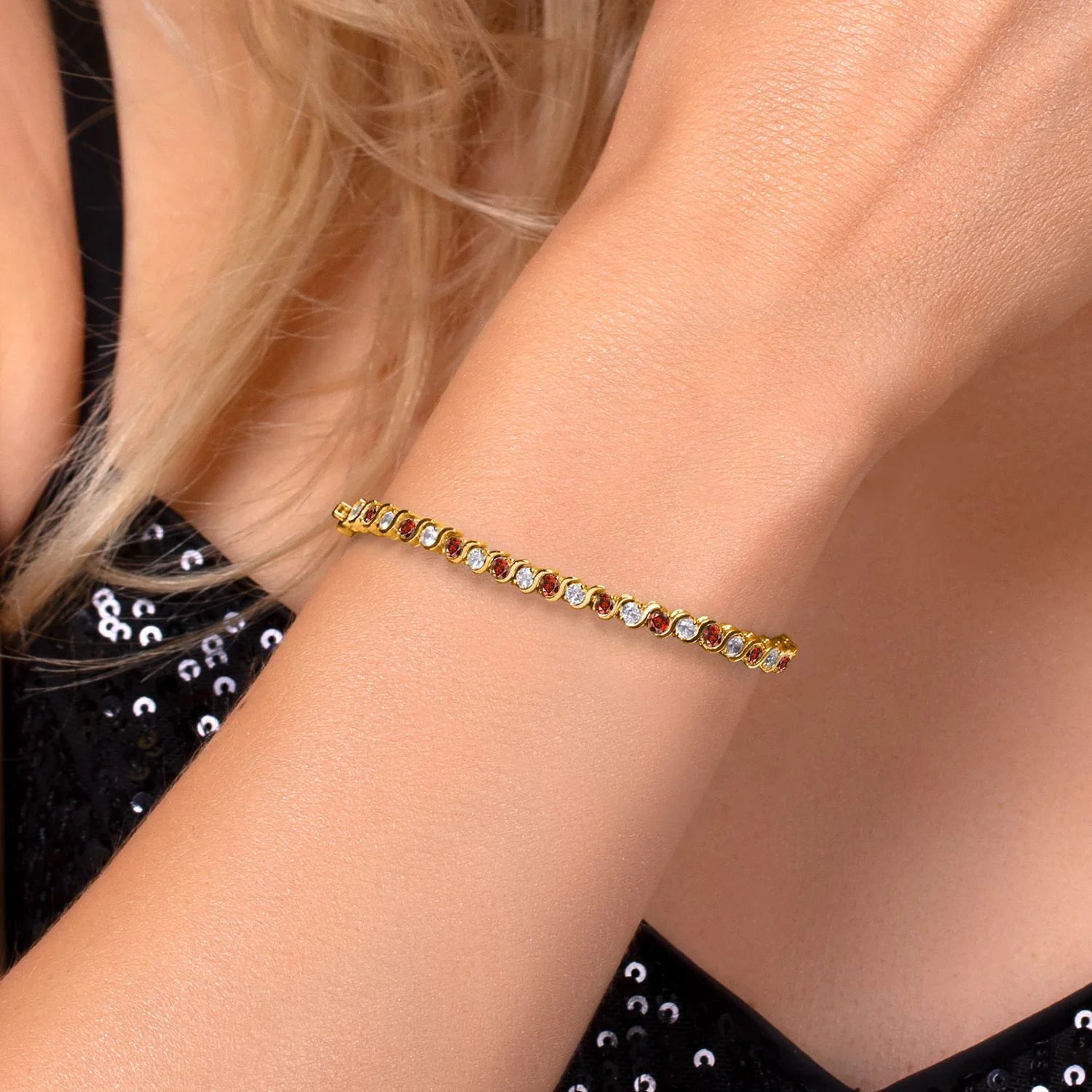 18K Yellow Gold Plated Simulated Red Ruby and Sparkling White Cubic Zirconia Tennis Bracelet for Women - the Perfect Gift for Her on Weddings and Special Occasions - 4.50 Cttw, 7 Inch Length