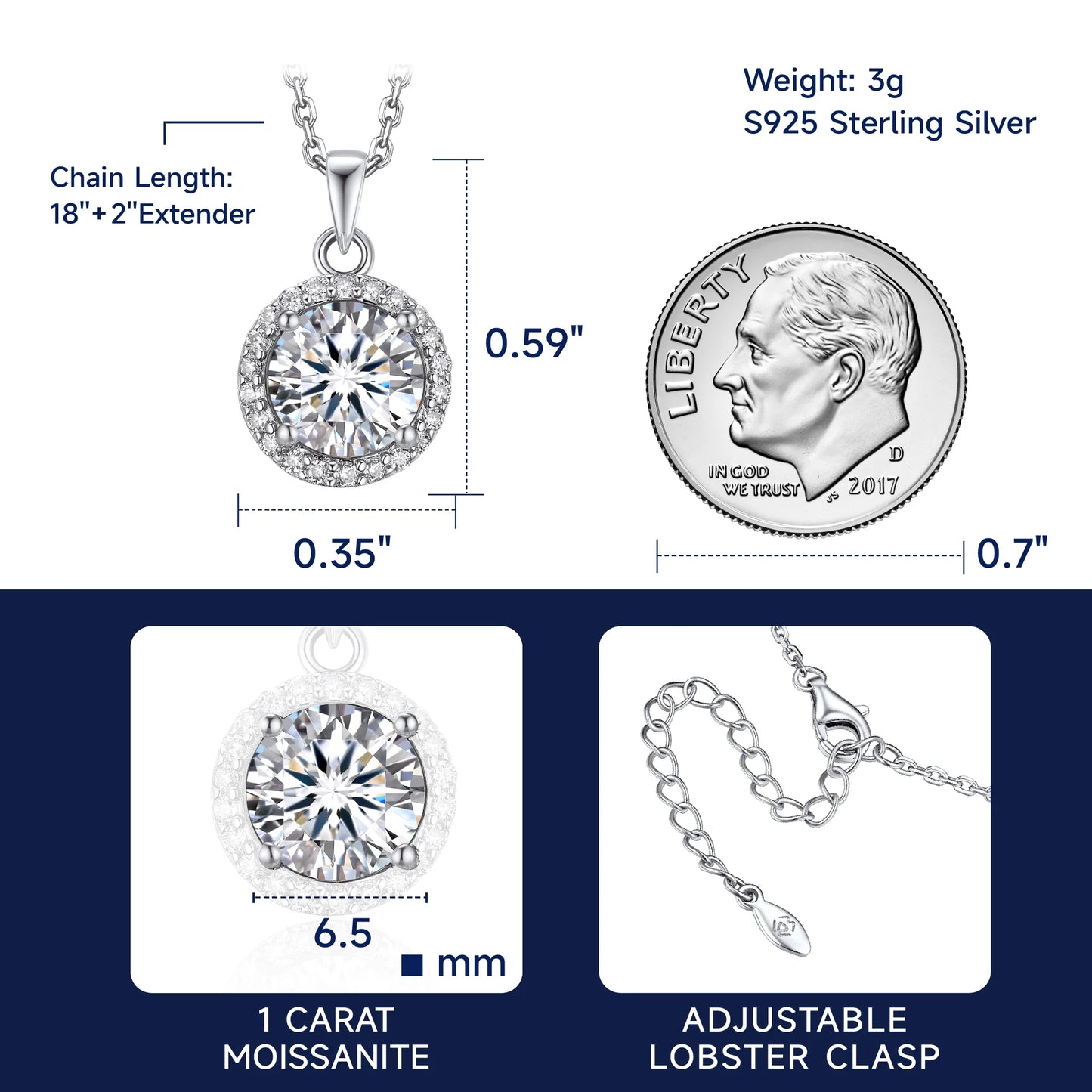 1 Carat round Cut Moissanite Solitaire Pendant Necklace for Women Birthday Valentine'S Day Gifts for Her