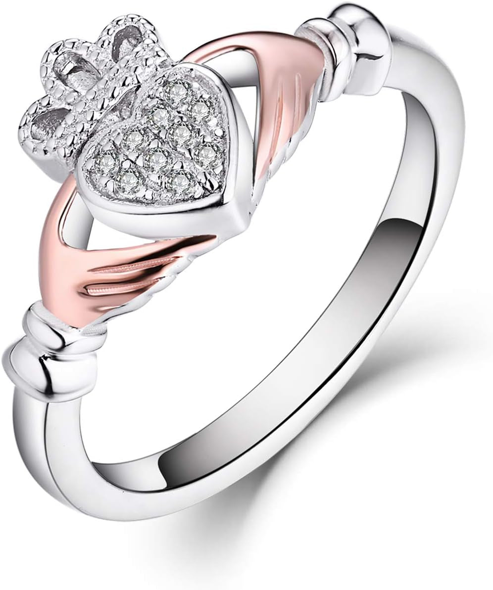 925 Sterling Silver Cubic Zirconia Rose Gold Claddagh Heart Promise Rings for Her,Birthstone Rings for Women