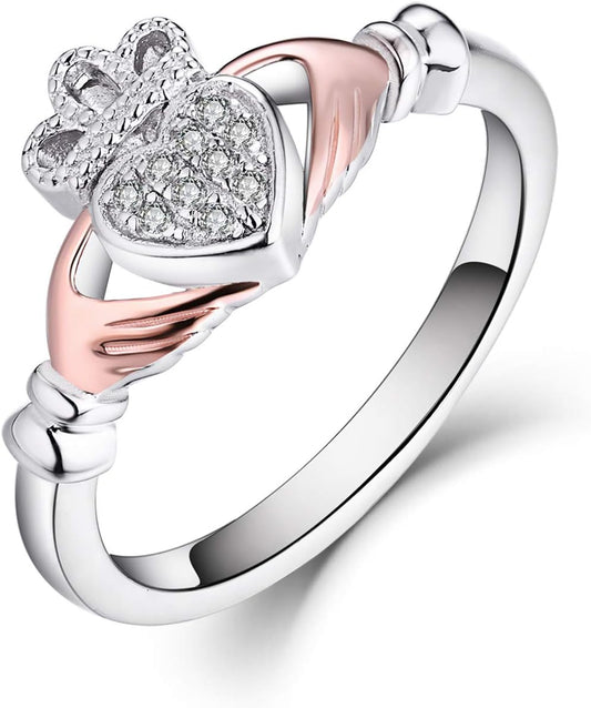 925 Sterling Silver Cubic Zirconia Rose Gold Claddagh Heart Promise Rings for Her,Birthstone Rings for Women