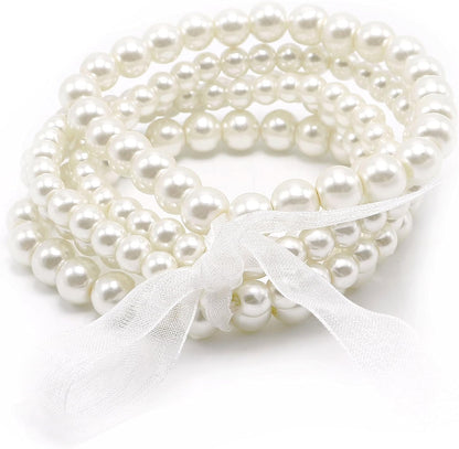 5 Pcs Faux Pearl Bracelet Set for Women Beaded Stretch Strand Bracelets for Bridesmaid,Bridal,Party Jewelry