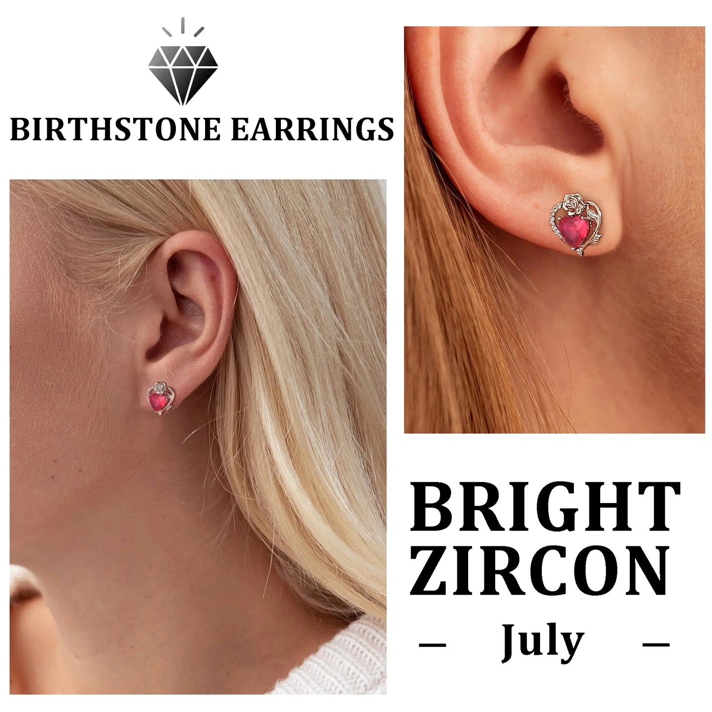 Rose Heart Birthstone Earrings,July Birthstone Rose Flower Heart Earrings Studs 925 Sterling Silver Jewelry Gifts for Women