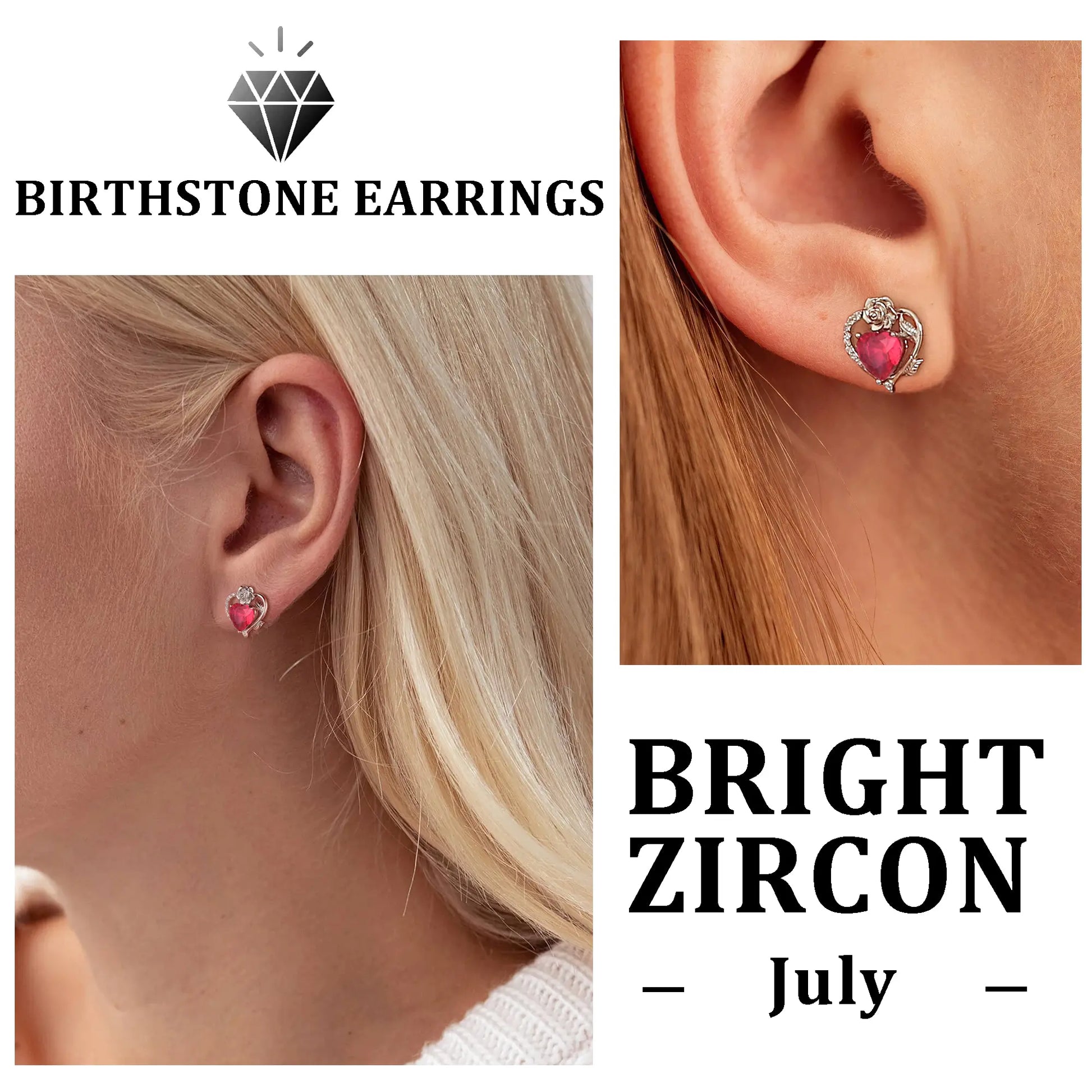 Rose Heart Birthstone Earrings,July Birthstone Rose Flower Heart Earrings Studs 925 Sterling Silver Jewelry Gifts for Women