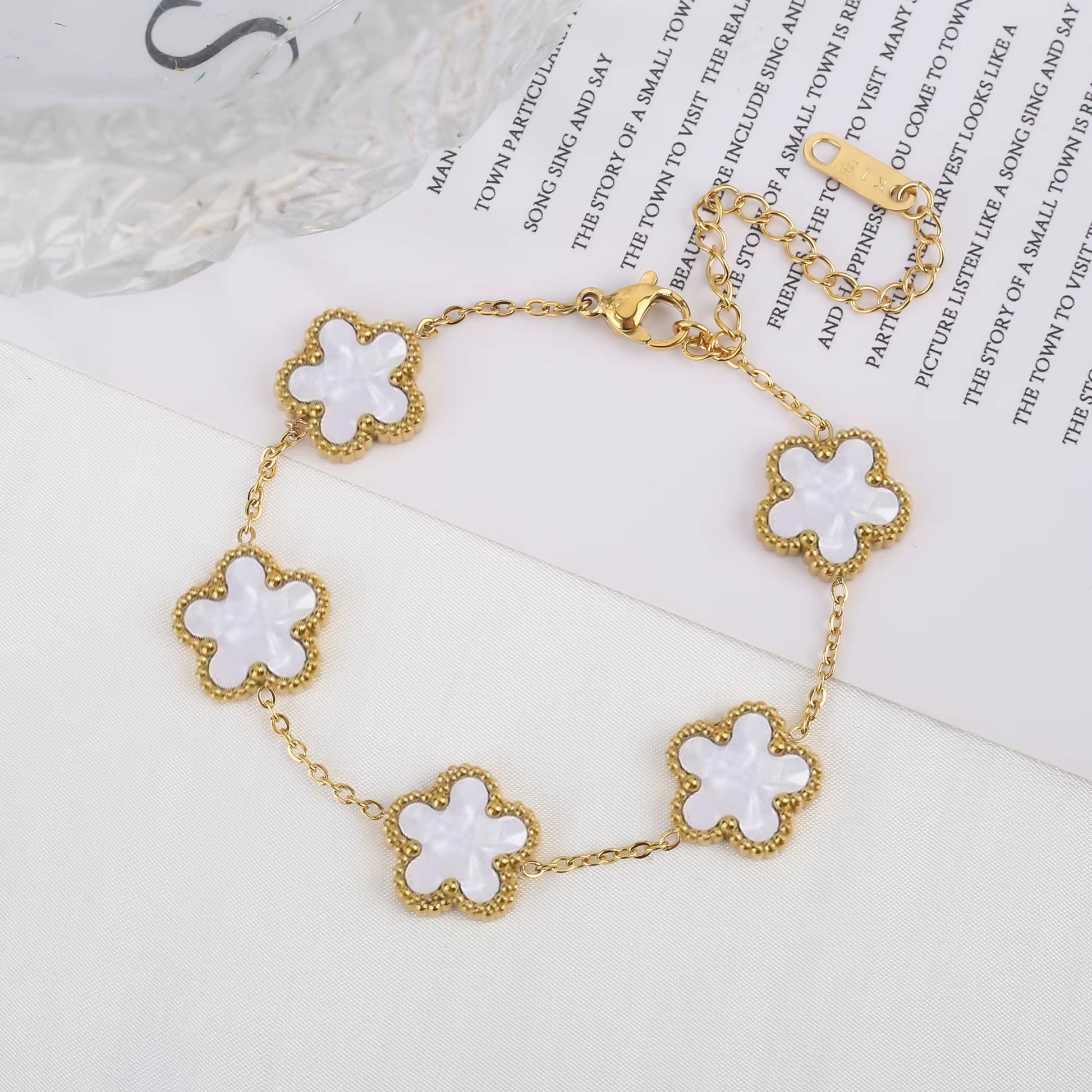 Trend Clover Bracelet for Women Girls 14K Gold Plated Stainless Steel Five Leaf Flower Dainty Lucky Link Bracelets Party Jewelry