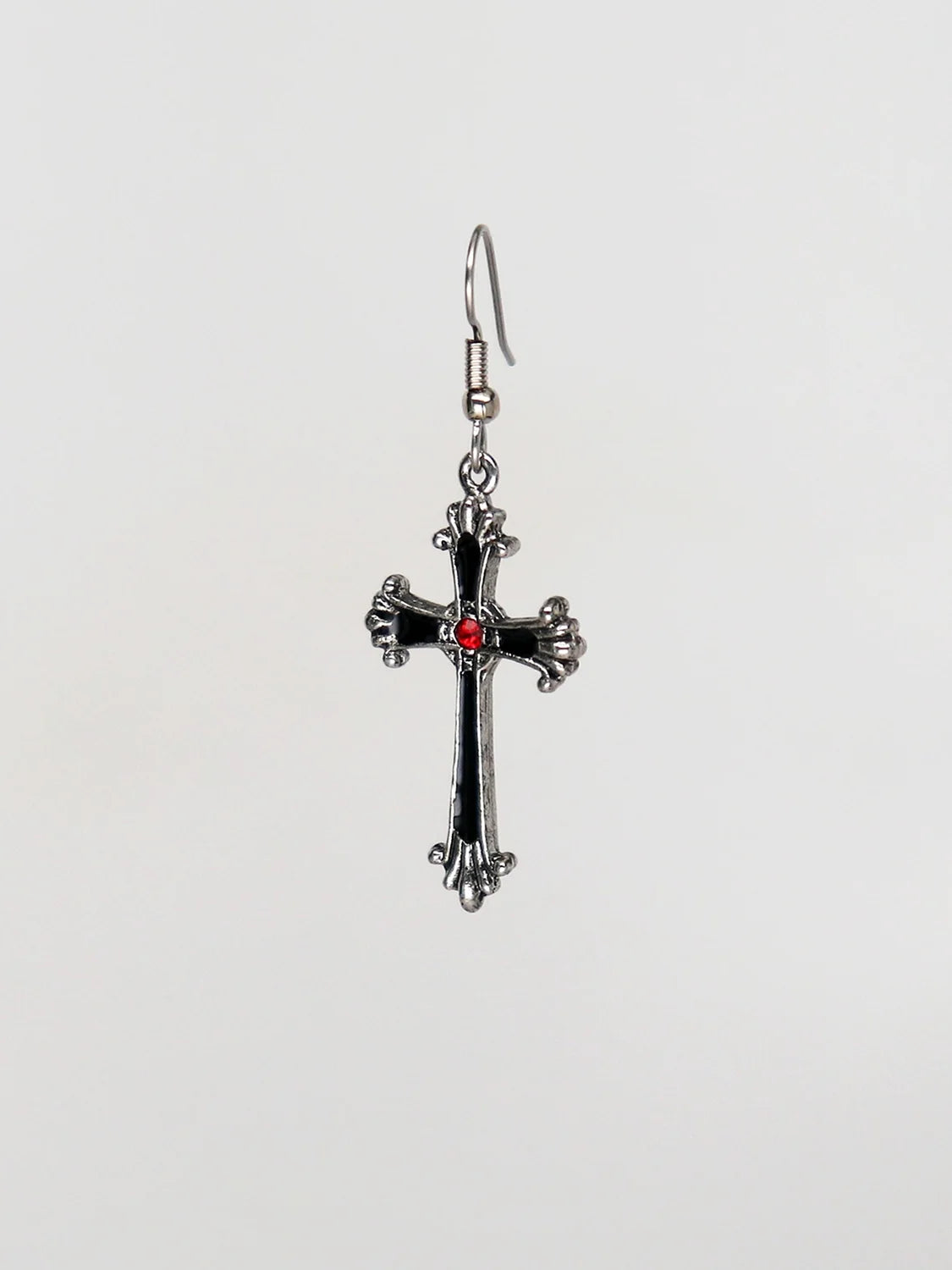 Gothic Victorian Cross Silver Finish Pewter Dangle Earrings with Red Austrian Crystals by Real Metal #1003