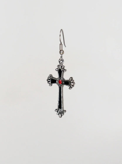 Gothic Victorian Cross Silver Finish Pewter Dangle Earrings with Red Austrian Crystals by Real Metal #1003