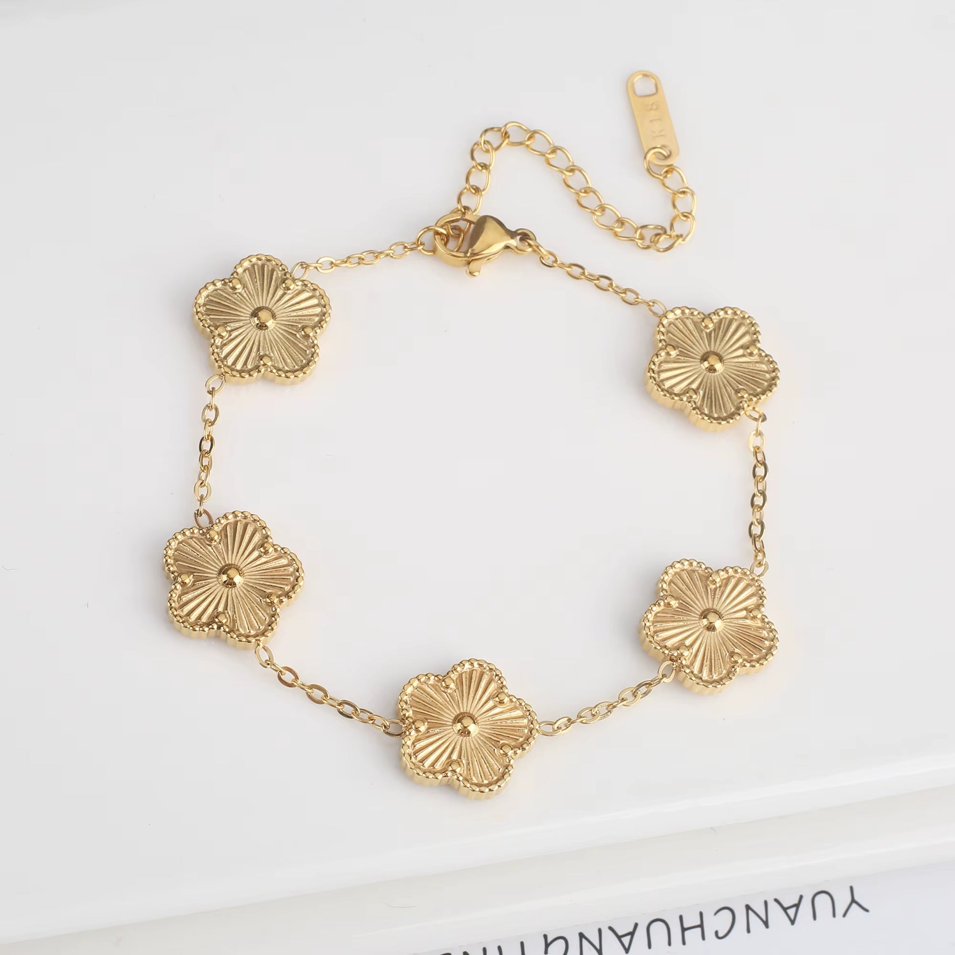 Trend Clover Bracelet for Women Girls 14K Gold Plated Stainless Steel Five Leaf Flower Dainty Lucky Link Bracelets Party Jewelry
