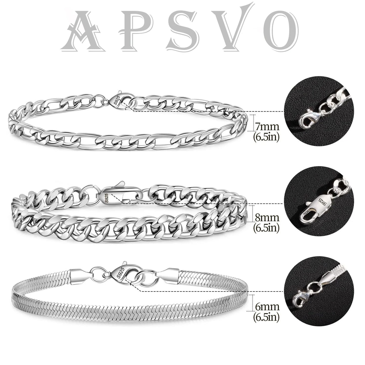3 Pcs Sterling Silver Bracelets for Men Women Boys,Charm Bracelet Cuban Link Curb Figaro Herringbone Chain Bracelets Set Jewelry Birthday Gifts Ideas Teen Dad Husband Male 6.5/7/7.5/8.3/9 Inch
