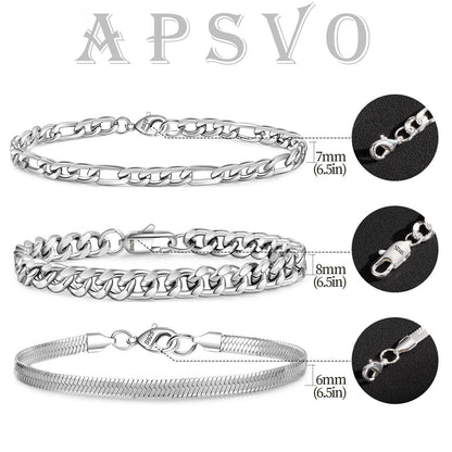 3 Pcs Sterling Silver Bracelets for Men Women Boys,Charm Bracelet Cuban Link Curb Figaro Herringbone Chain Bracelets Set Jewelry Birthday Gifts Ideas Teen Dad Husband Male 6.5/7/7.5/8.3/9 Inch