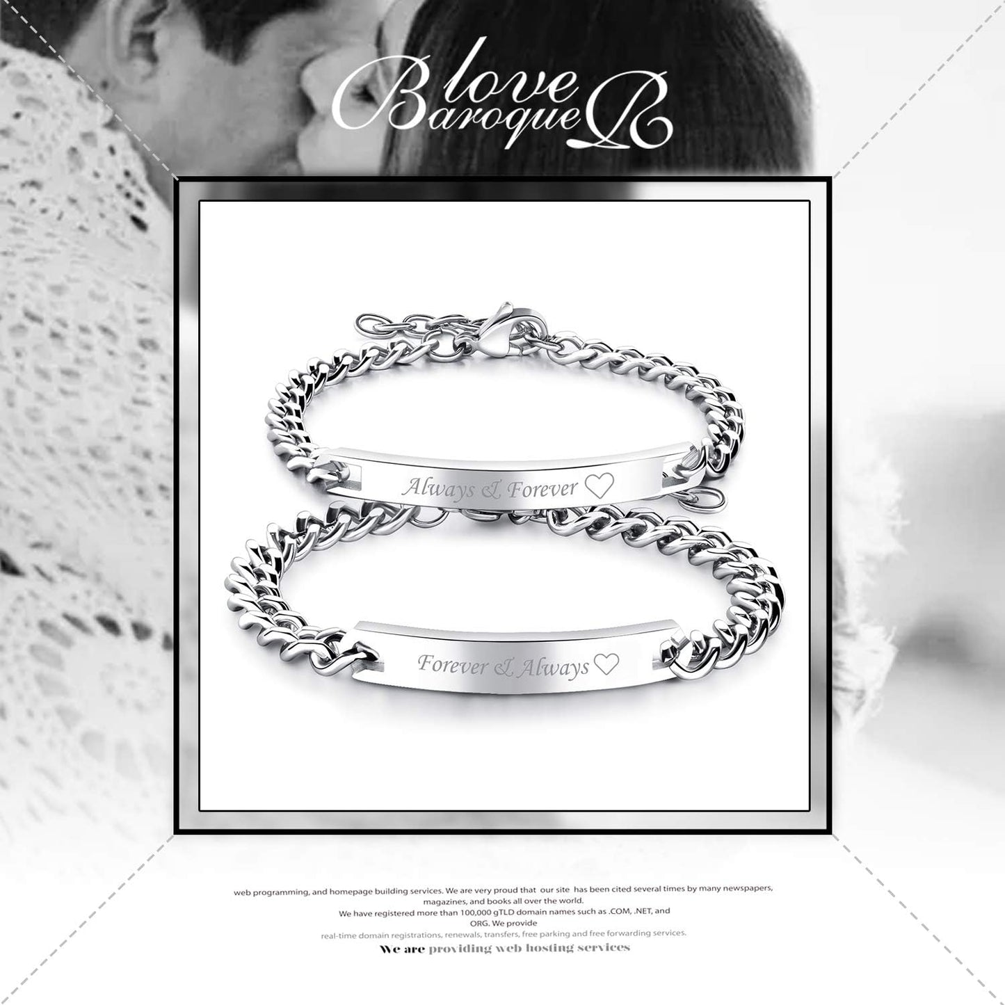 2Pcs CZ His and Hers Couple Bracelets Set, Adjustable Titanium Stainless Steel Always & Forever Forever & Always Love Matching Bracelet Link Jewelry Set
