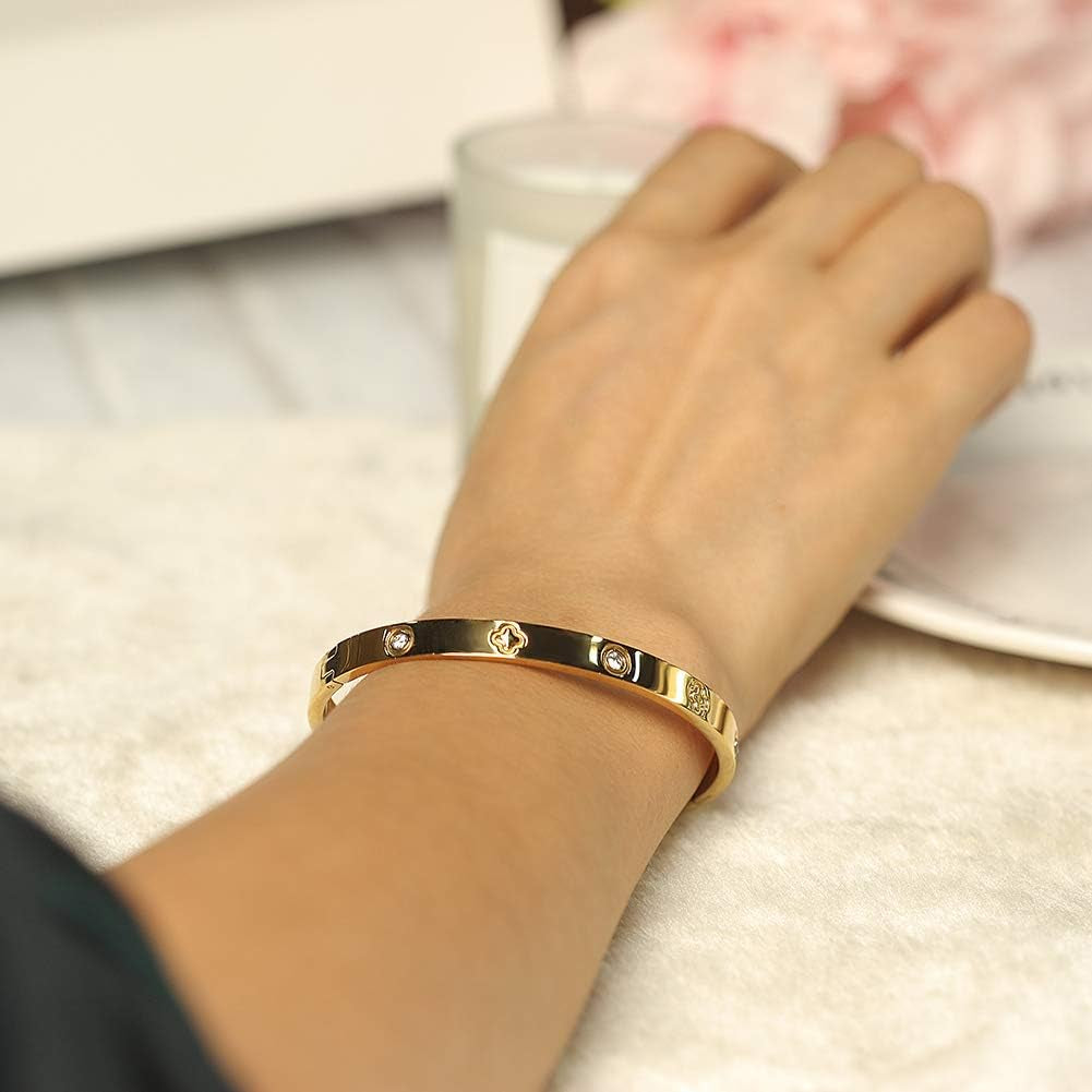 Simple Love Knot Bangle Polished Chunky Bracelet Stainless Steel Gold Gold Silver Plated Adjustable Open Cuff Bracelets for Women Adult Jewelry (Clover)