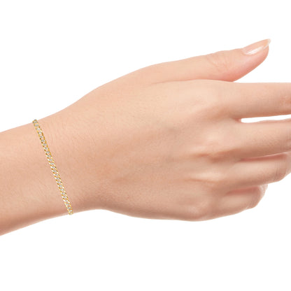 10K Real Yellow Gold Solid Cuban Curb Link 4Mm Diamond Cut Pave Chain Bracelet (7"-9") Two Tone Italian Jewelry for Men & Women