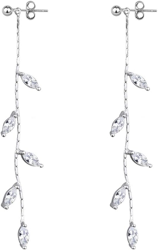 Solid 925 Sterling Silver Droplet Dangle Earrings Chain for Women Teens Olive Leaf Wedding Dangle Earrings Bridal Earrings