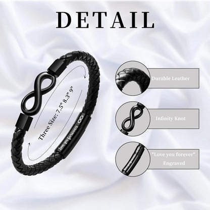 Leather Bracelet for Men Teen Boy Gifts to My Son Bracelet from Mom Fathers Day Bracelet Gifts for Dad Grandpa Love You Forever Engraved Husband Birthday Gift Ideas Infinity Knot Jewelry